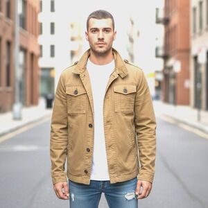 Roebuck & Co Utility Jacket Mens L Tan Military Coat‎ Pockets Punk Grunge Sherpa